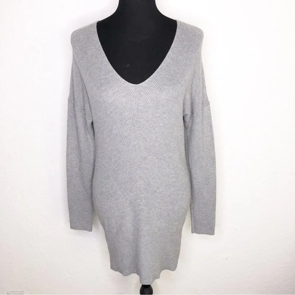 WHBM gray v neck mixed ribbed knit cashmere blend tunic sweater size Medium